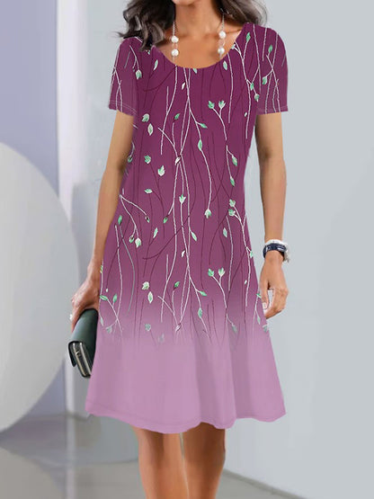 A-line Loose Flower Print Round-neck Mini Dresses