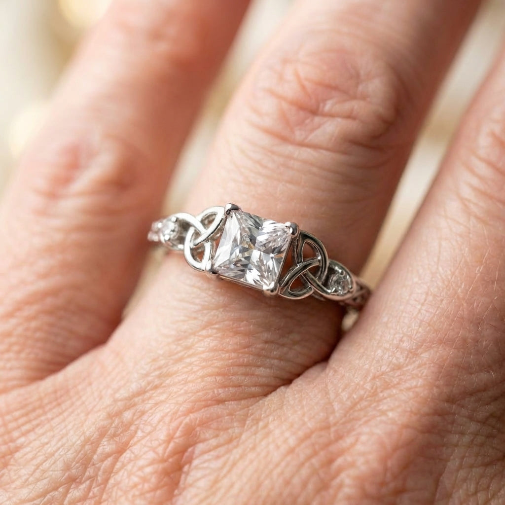Silver Center Square Gem Knot Design Ring