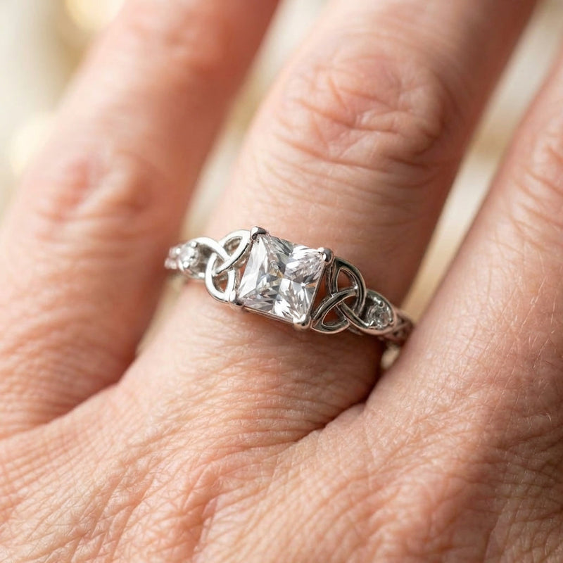 Silver Center Square Gem Knot Design Ring