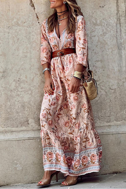Pink V Neck Ruffle Maxi Dress
