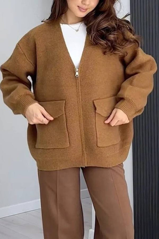 Color Versatile V-neck Pocket Sweater Jacket