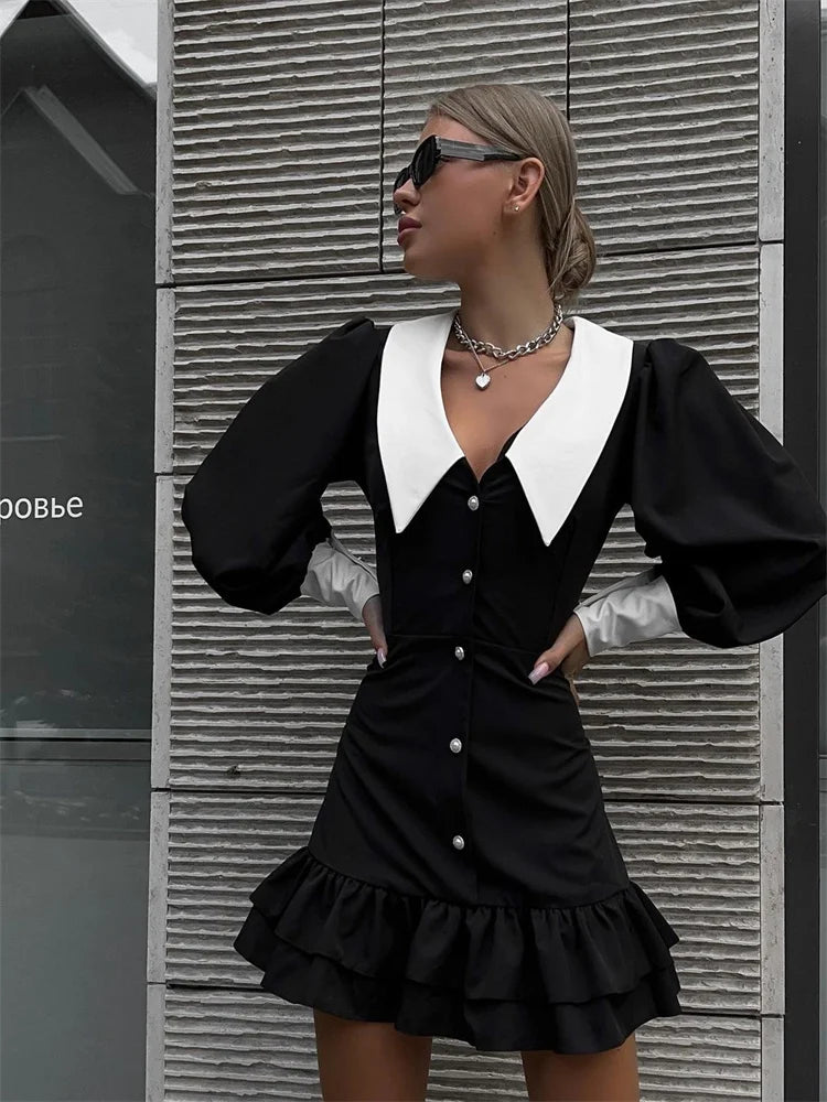 Black Ruffled Patchwork Mini Dress for High Waist V-neck Slim Party Dress Gown ’s Dress