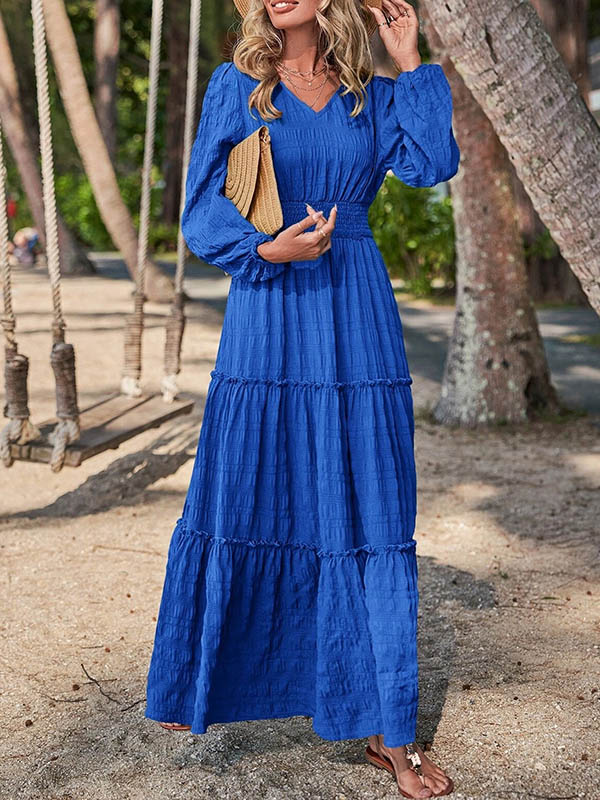 A-line Long Sleeves Elasticity Color Split-joint V-neck Maxi Dresses