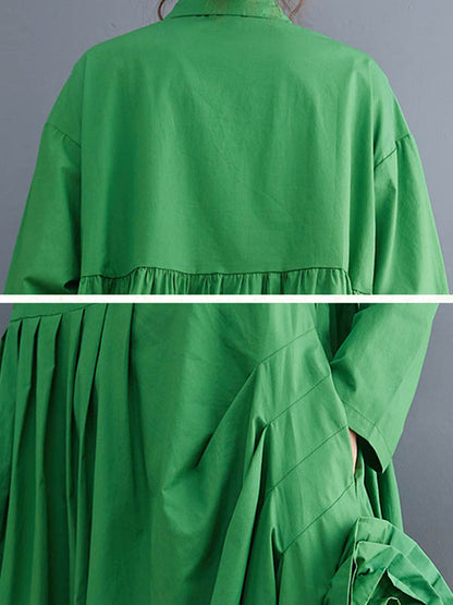Urban Applique Pleated Long Sleeves Shirt Dress Midi Dress