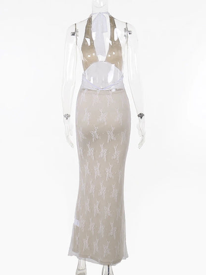 Fantoye See Through Lace Maxi Dress White Spaghetti Strap High Waist Dress Female Skinny Party Clubwear