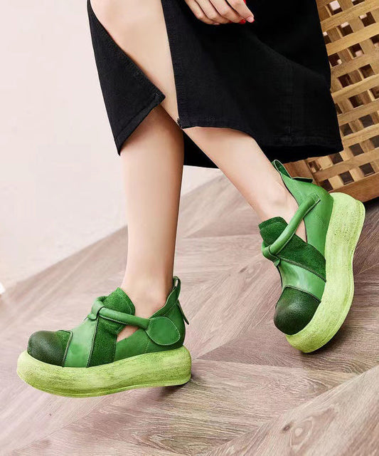 Splicing Platform Flat Shoes Green Cowhide Leather