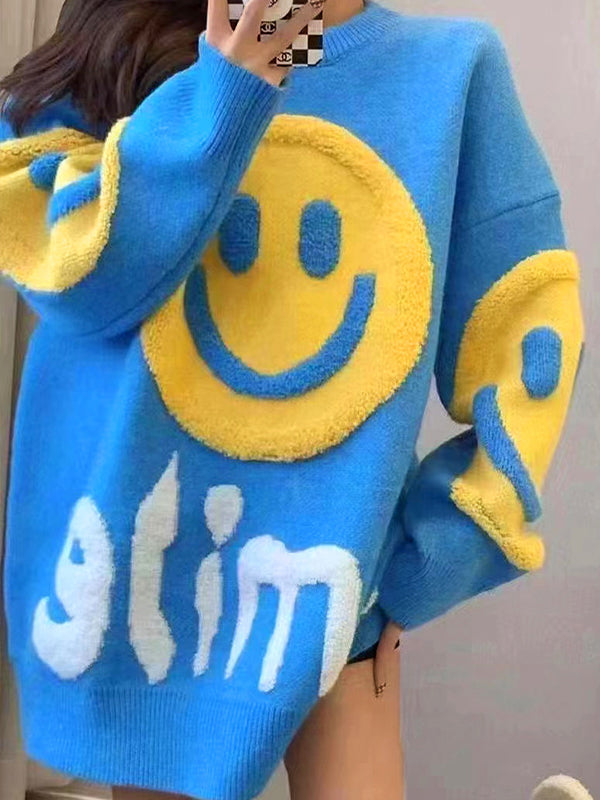 Color Y2k Smile Print Thicken Loose Sweater
