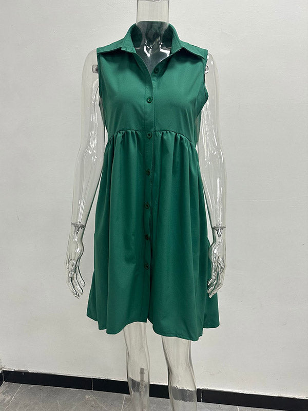 A-line High Waisted Buttoned Pleated Pockets Color Lapel Mini Dresses