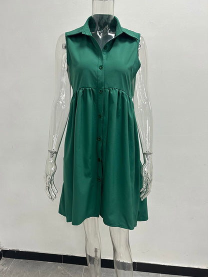A-line High Waisted Buttoned Pleated Pockets Color Lapel Mini Dresses