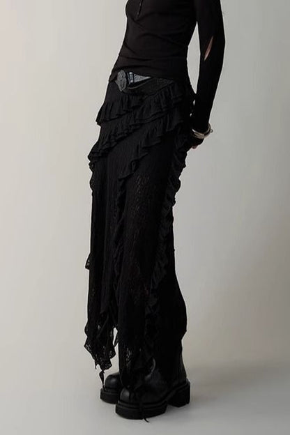 Asymmetric Wool Blend Black White Maxi Skirt