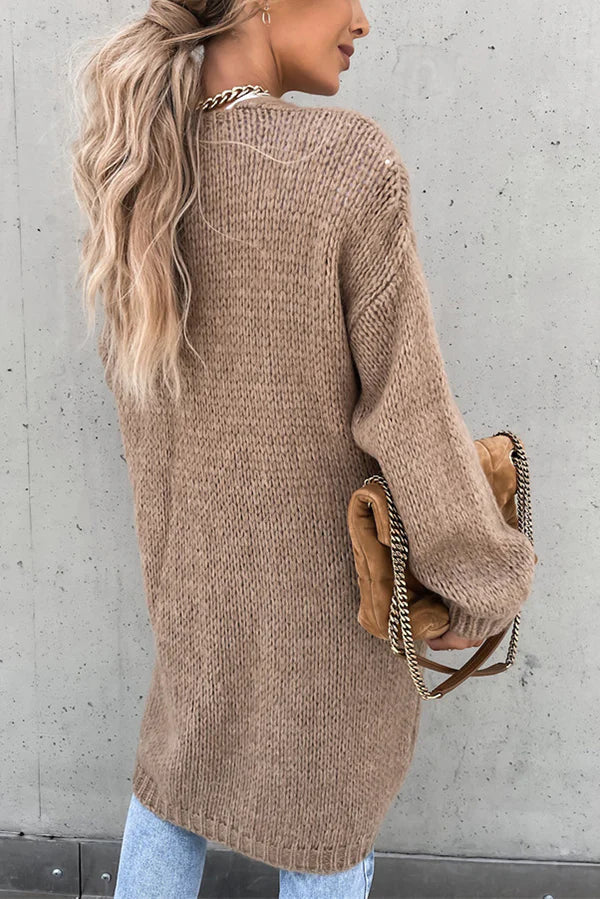 Color V-neck Knitted Long-sleeved Oversized Midi Cardigan