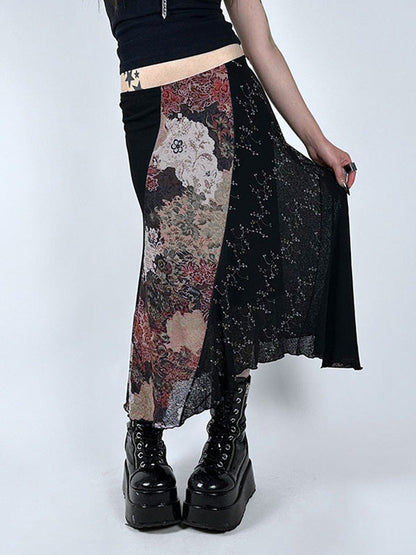 Dark Flower Print Splice Irregular Design Low Waist Midi Skirt