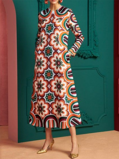 Long Sleeves Contrast Color Flower Print Round-neck Midi Dresses