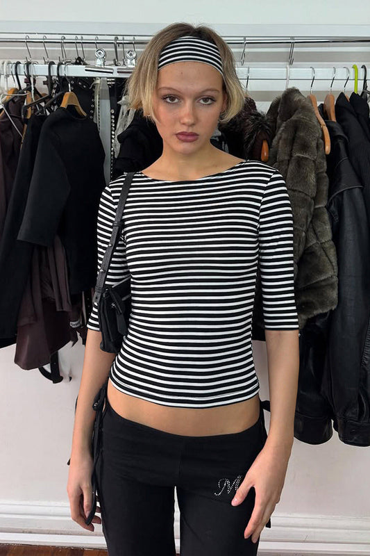 Color Block Stripe Jacquard Fitted Knit Blouse