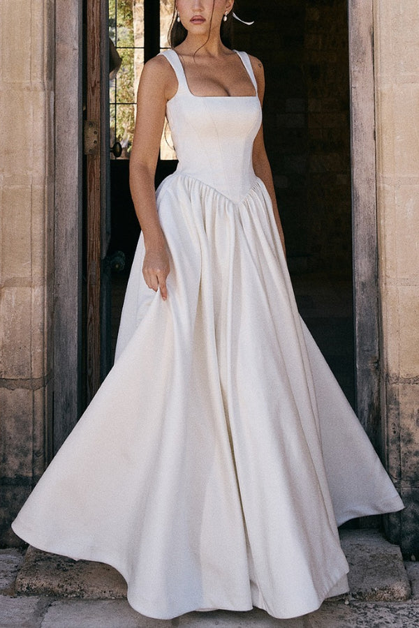 Wide Straps Corset Color Gowns Maxi Dresses-white