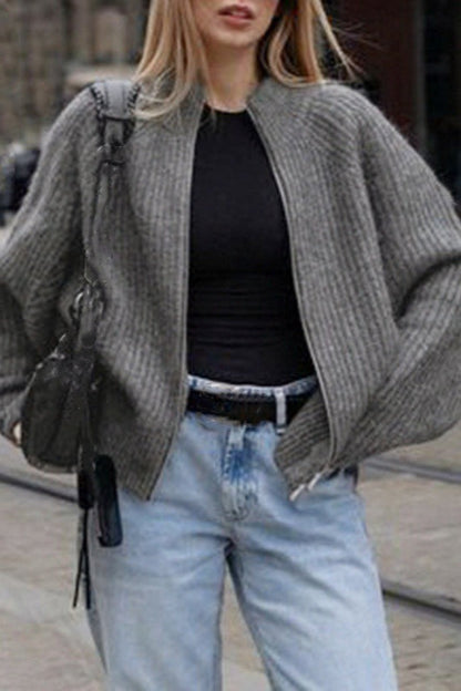 Minimalist Color Double Zipper Stand Collar Sweater