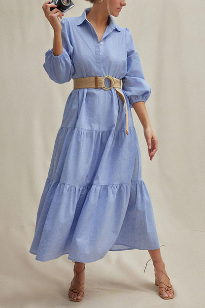 Color Lapel Elastic Cuffs Loose Maxi Dress