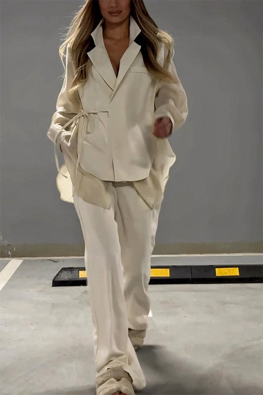 And Chiffon Patchwork Irregular Lace-up Jacket and Pocketed Straight-leg Pants Set