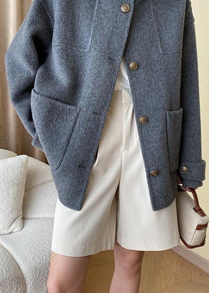 Wool-blend Buttoned Coat With Stand Collar