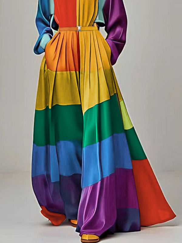 Long Sleeves Loose Colorful Striped Round-neck Maxi Dresses