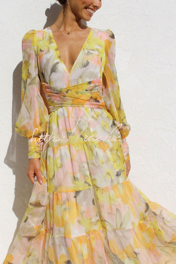 Olena Abstract Balloon Sleeves Maxi Dress (the Back Is Stretchy)