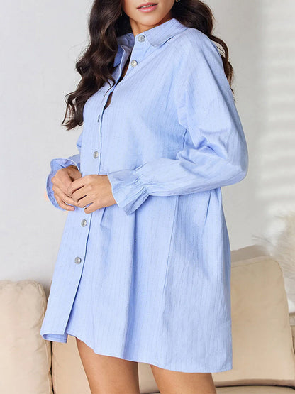 A-line Loose Pleated Split-joint Striped Lapel Mini Dresses Shirt Dress