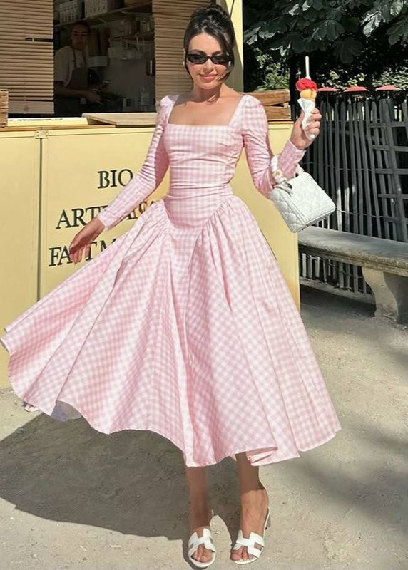 Pink Gingham Long Sleeve Midi Dress – Square Neck Fit and Flare