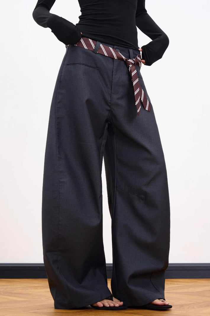 Belt Detail Curved Wide Leg Pants