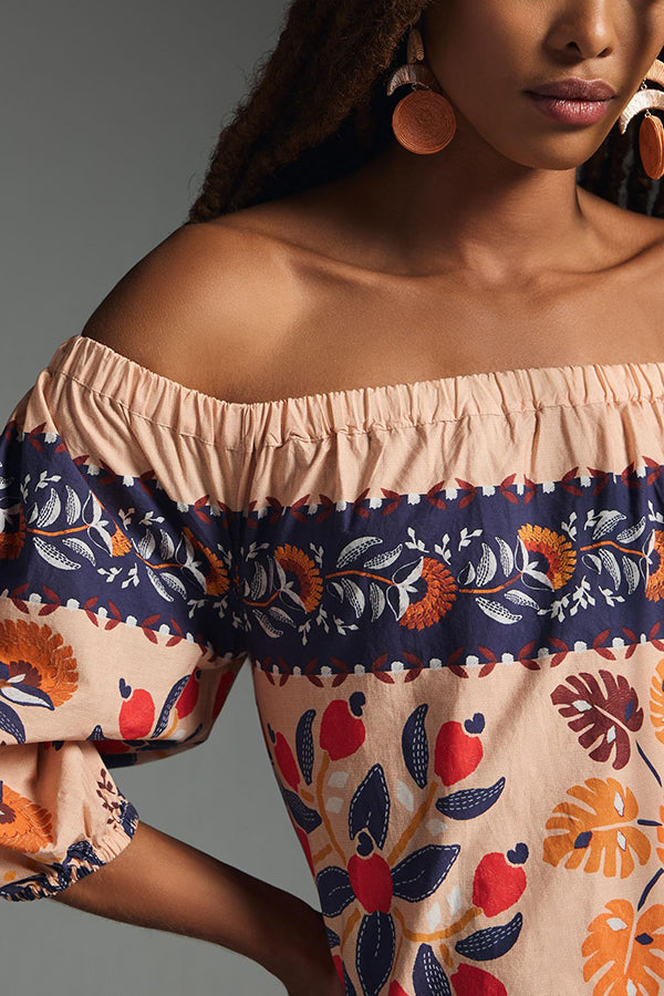 Island Lover Printed Off the Shoulder Pocketed Flowy Midi Dress