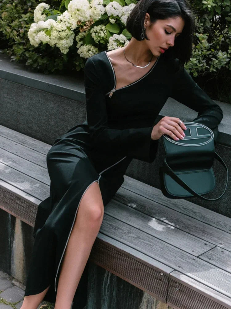 Zipper Patchwork Black Long Dress Off-shoulder High Waist Clothes Party Dress Slim Maxi Dress