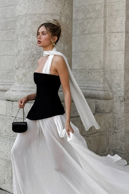 Flared Wavy Trim Color Block Maxi Dress