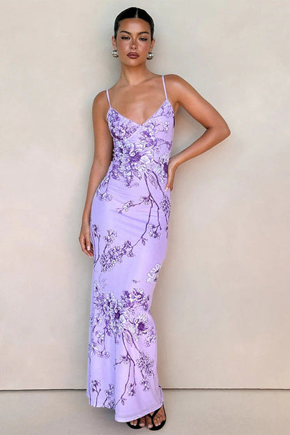 V-neck Purple Cami Bodycon Maxi Dress