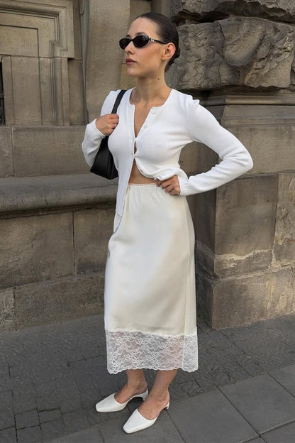Satin Lace Trim Bodycon Skirt