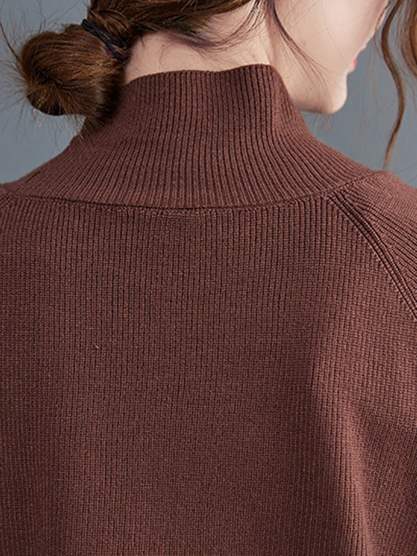 Long Sleeves Loose Split-joint Jacquard High-neck Sweater Dresses