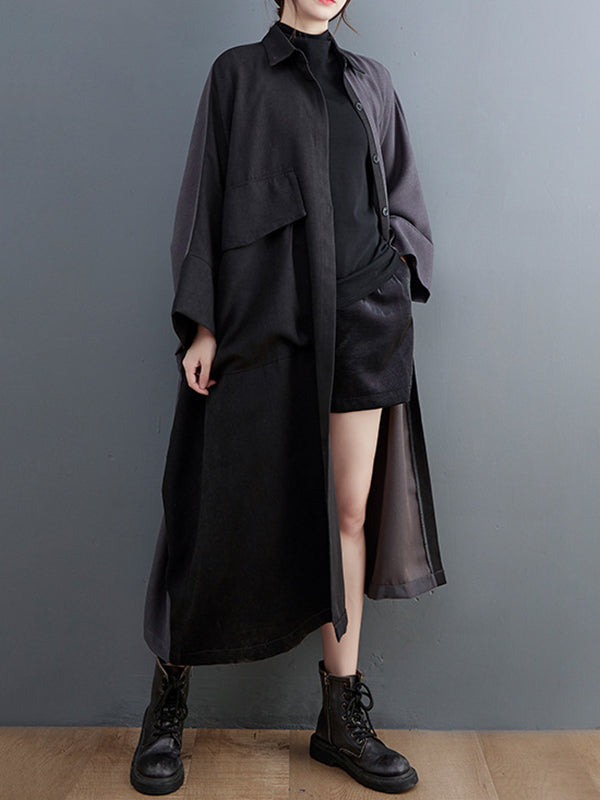Long Sleeves Loose Buttoned Contrast Color Split-joint Lapel Collar Midi Dresses