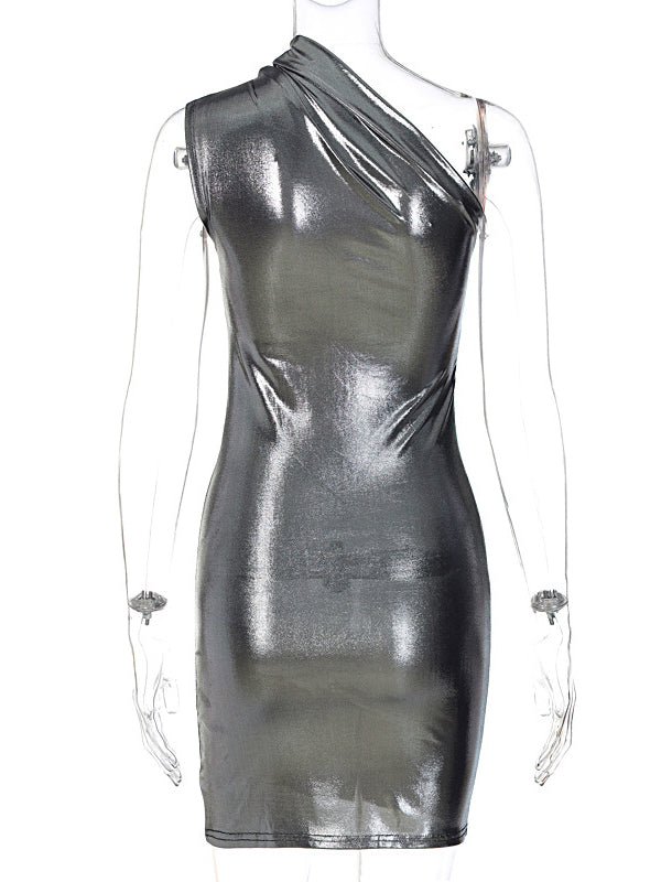 Skinny Asymmetric Shiny Color Split-joint One-shoulder Evening Dresses Mini Dresses