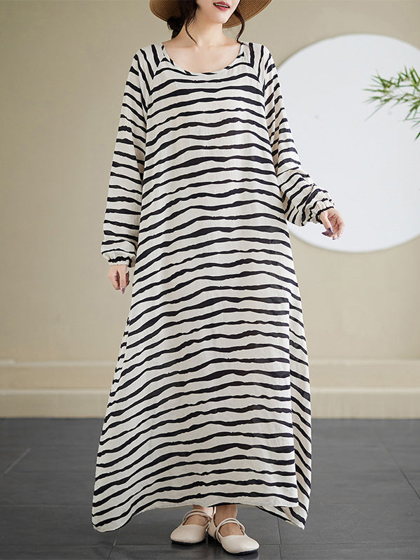A-line Long Sleeves Contrast Color Elasticity Striped Round-neck Maxi Dresses