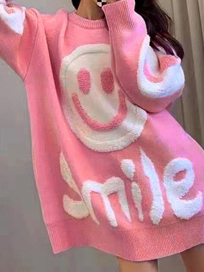Color Y2k Smile Print Thicken Loose Sweater
