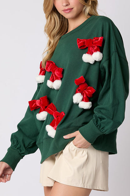 Christmas Bow Embellished Long-sleeved Sweatshirt