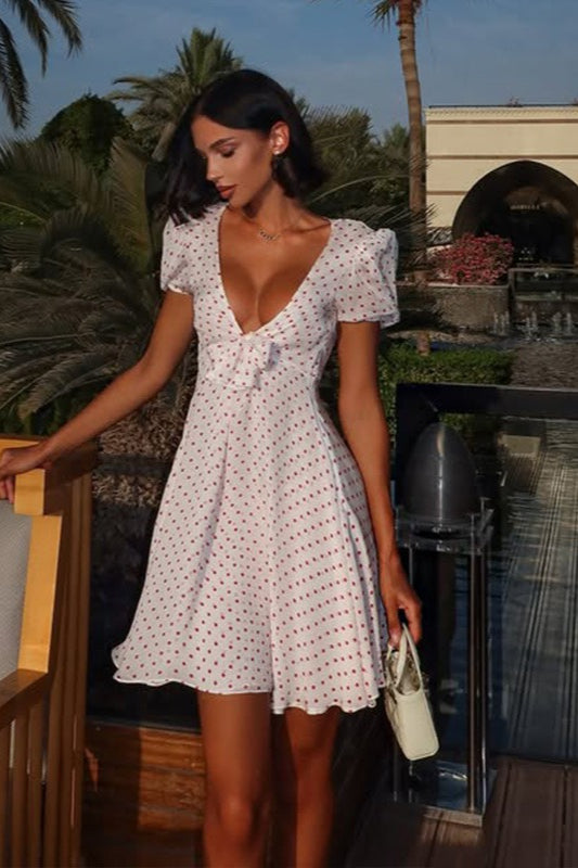 Deep V Puff Sleeve High Waist Polka Dot Mini Dress