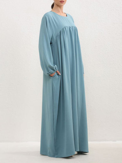 Long Sleeves Loose Pleated Color Split-joint Round-neck Maxi Dresses