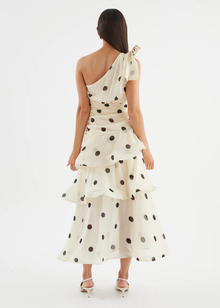 Polka Dot One-shoulder Ruffle Maxi Dress