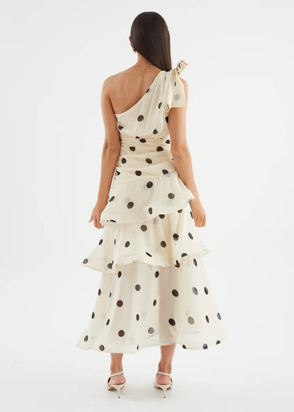 Polka Dot One-shoulder Ruffle Maxi Dress