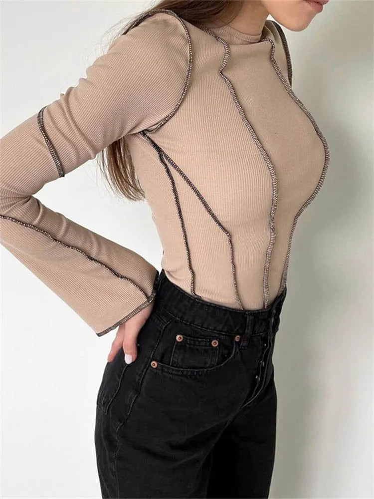 Patchwork T-shirts Long Flare Sleeve Round Neck Knitted Ribbed Tees Shirts Spring Autumn Street Top