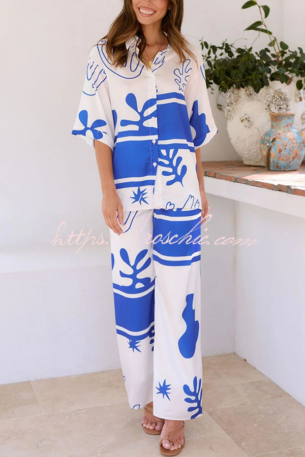 The Beach Unique Color Block Print Button Up Shirt and Elastic Waist Pants Set