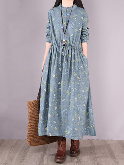 Printed Ramie Cotton Loose Midi Dress