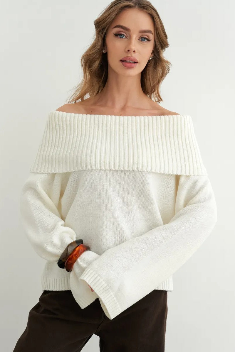 Color Off Shoulder Knitted Sweater