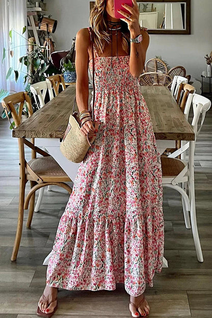 Ready to Vacation Print Smocked Waist Maxi Dress