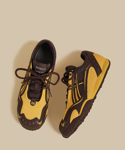 Lace Up Splicing Flat Feet Shoes Yellow Breathable Mesh