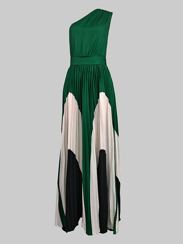 Sleeveless Asymmetric Pleated Printed One-shoulder Maxi Dresses